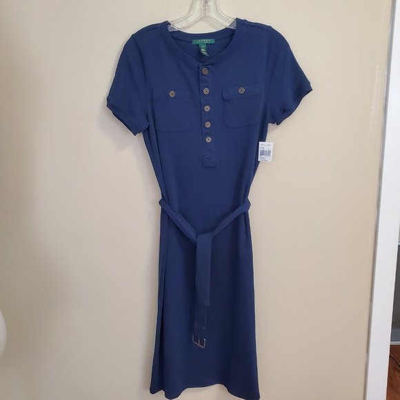 NWT Lauren Ralph Lauren Navy Blue Knit Cotton Dress w/ Belt Office Preppy Size S - Picture 6 of 13
